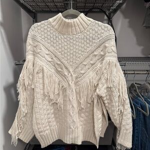Fringed Cream Sweater with Slits